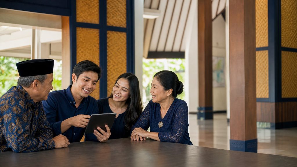 Anggota keluarga lintas generasi berbincang bersama di ruang pertemuan sambil melihat tablet
