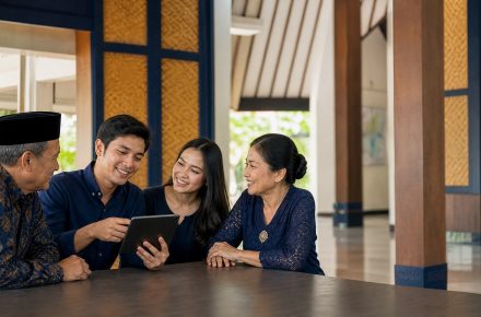 Anggota keluarga lintas generasi berbincang bersama di ruang pertemuan sambil melihat tablet