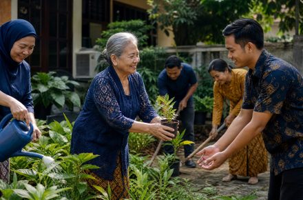 Anggota komunitas bekerja bersama merawat tanaman di halaman lingkungan