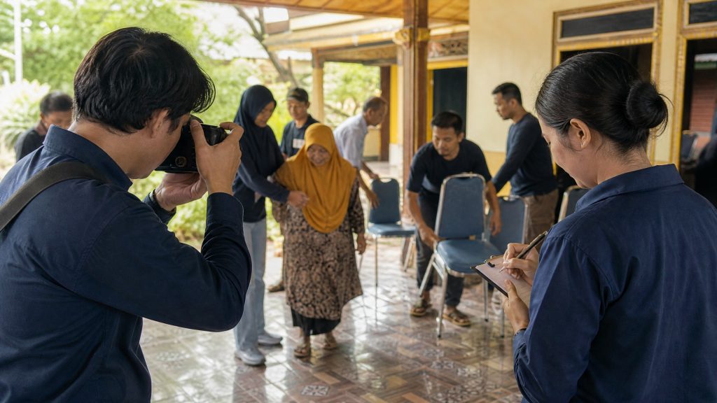 Relawan memotret kegiatan komunitas saat anggota lain membantu menata ruangan