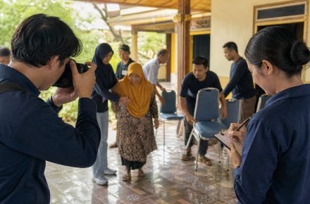 Relawan memotret kegiatan komunitas saat anggota lain membantu menata ruangan