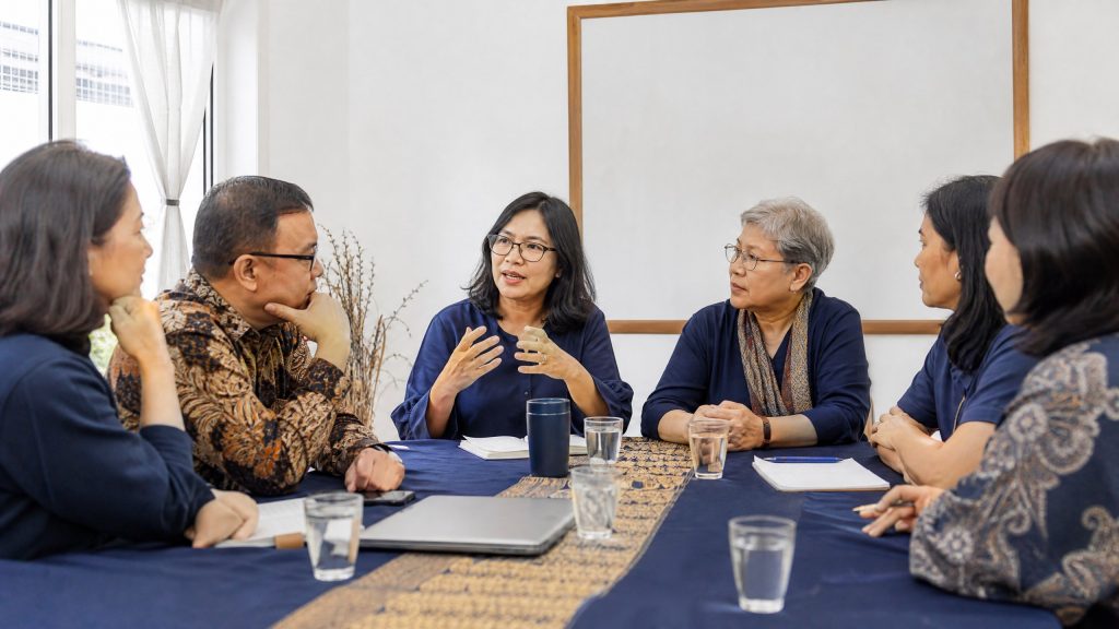 Pengurus komunitas duduk bersama berdiskusi dan mendengarkan masukan anggota